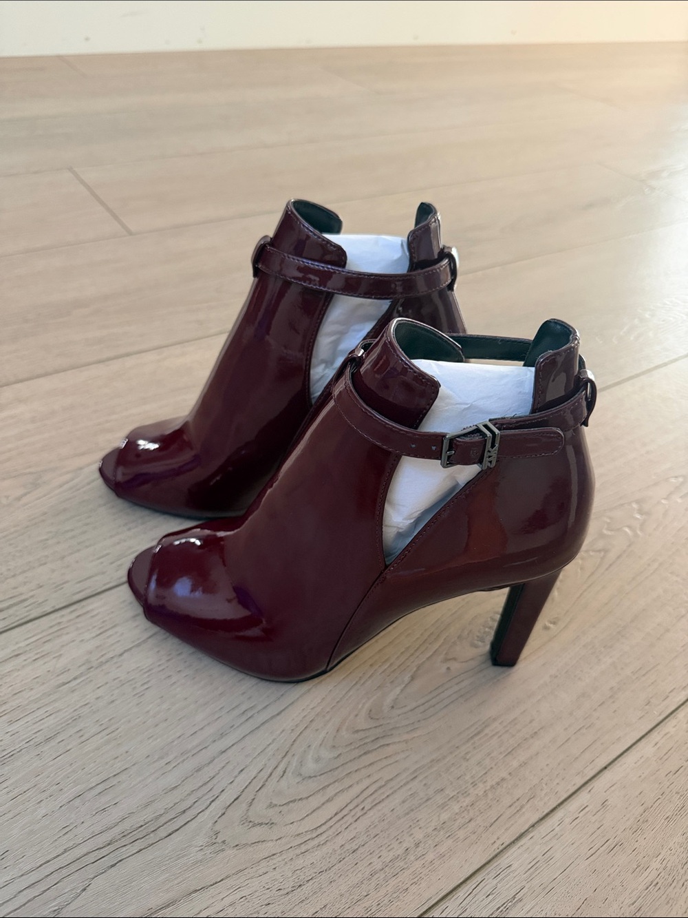 MICHAEL Michael Kors Burgundy Patent Peep-Toe Ankle Booties - Picture 1 of 4